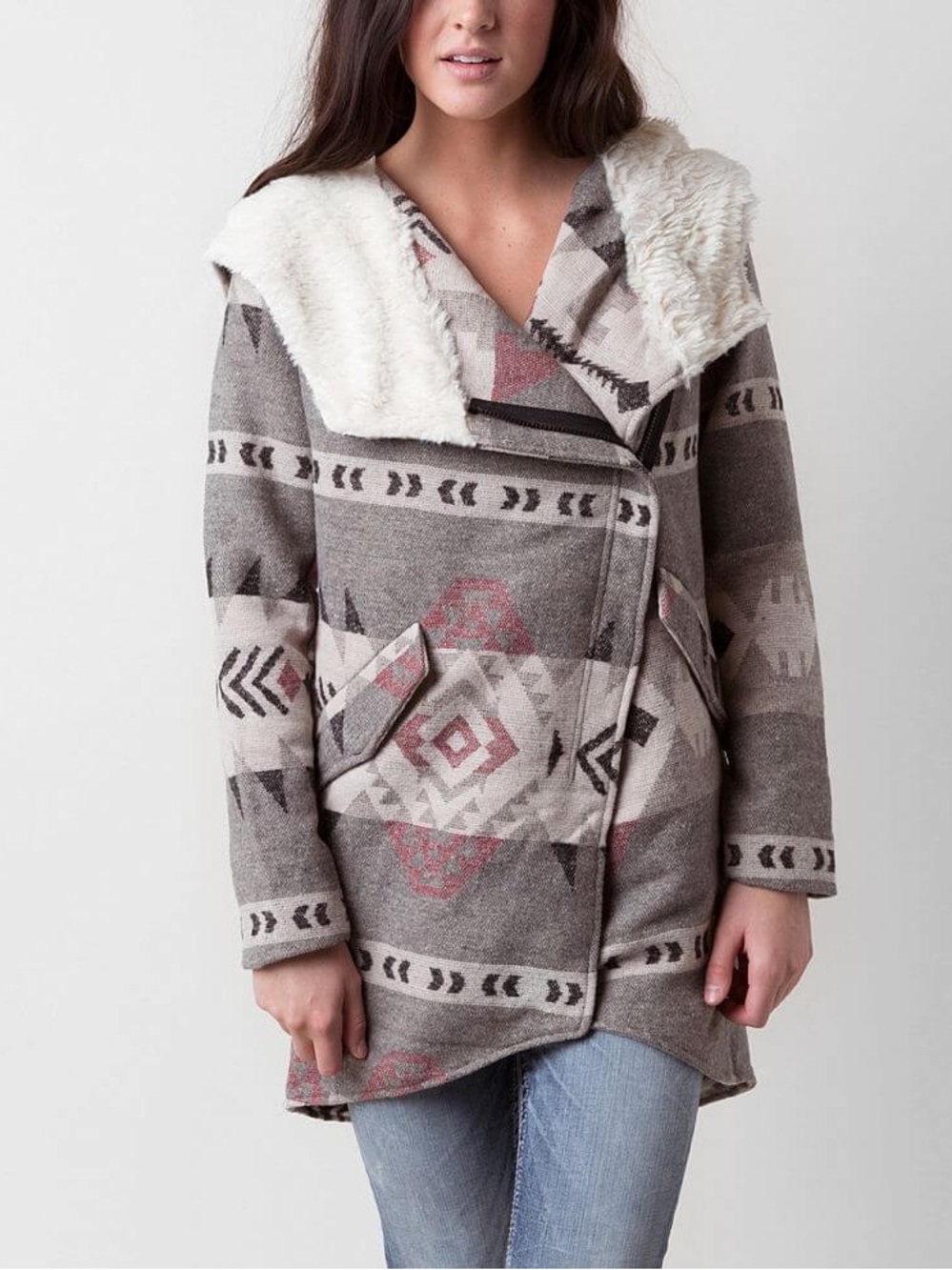 Me Jane Plaid Coat with Faux Fur Collar